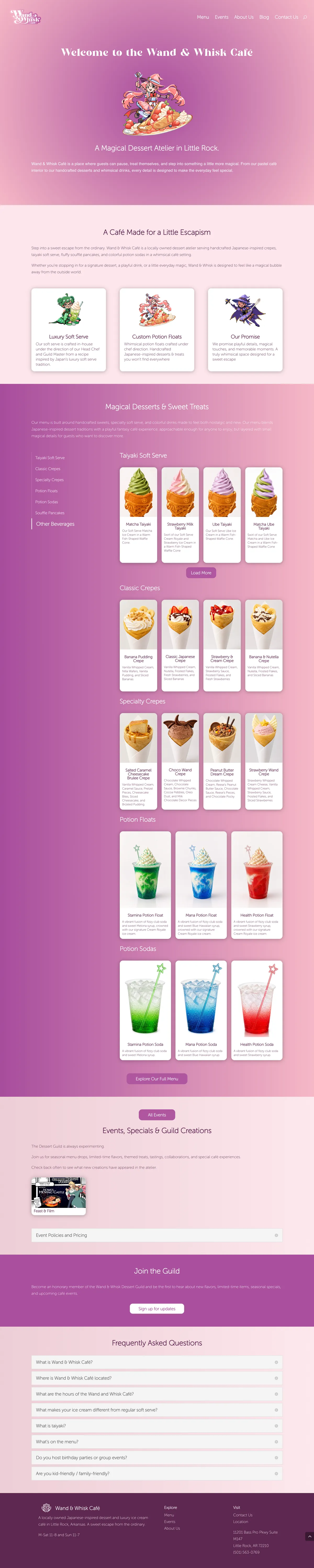 Preview of the Wand & Whisk Café website homepage and menu