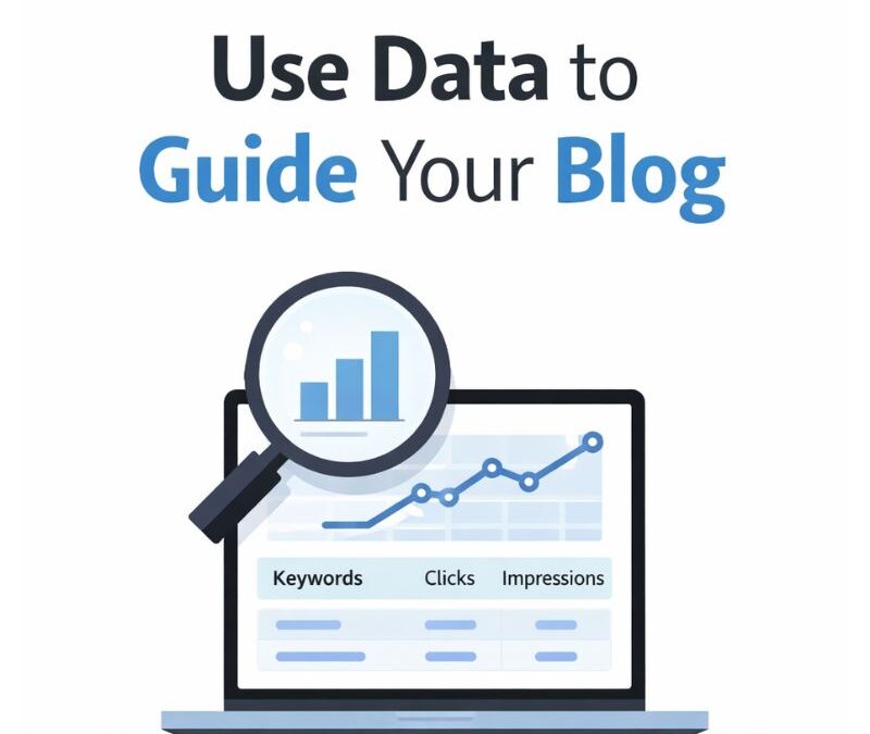 Illustration of a laptop showing Google Search Console data with a magnifying glass over a bar chart.