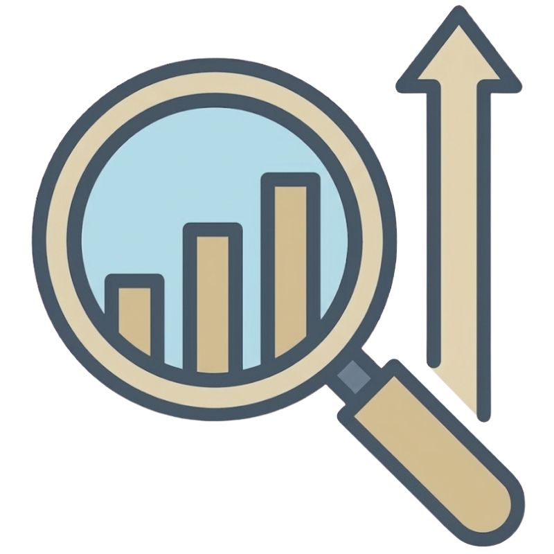 Icon of a magnifying glass and rising bar graph